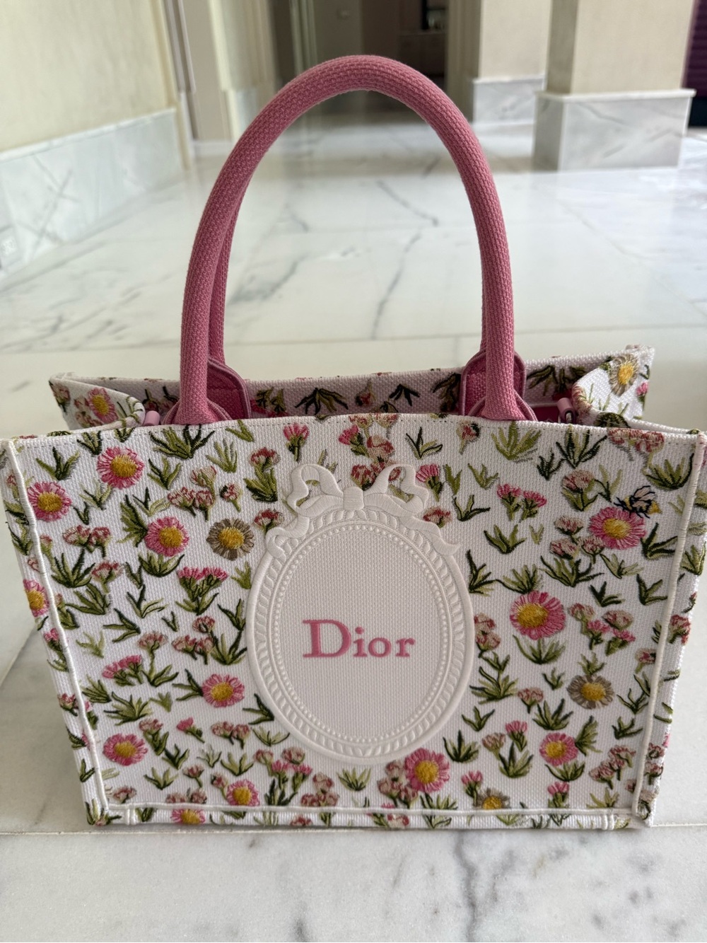 Dior Pink Floral Embroidered Canvas Tote